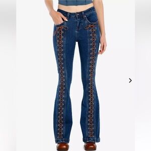 Hot Topic Dark Indigo Brown Lace-Up Flare Jeans Women’s Size 11 boho western